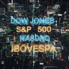 Painel digital com “Dow Jones, S&P 500, Nasdaq, Ibovespa” representando alta do mercado
