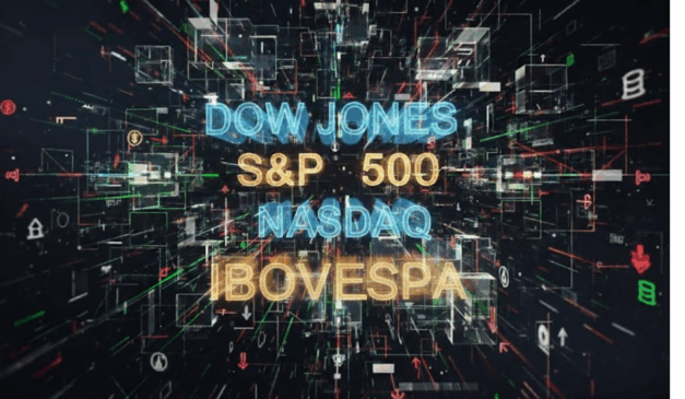 Painel digital com “Dow Jones, S&P 500, Nasdaq, Ibovespa” representando alta do mercado