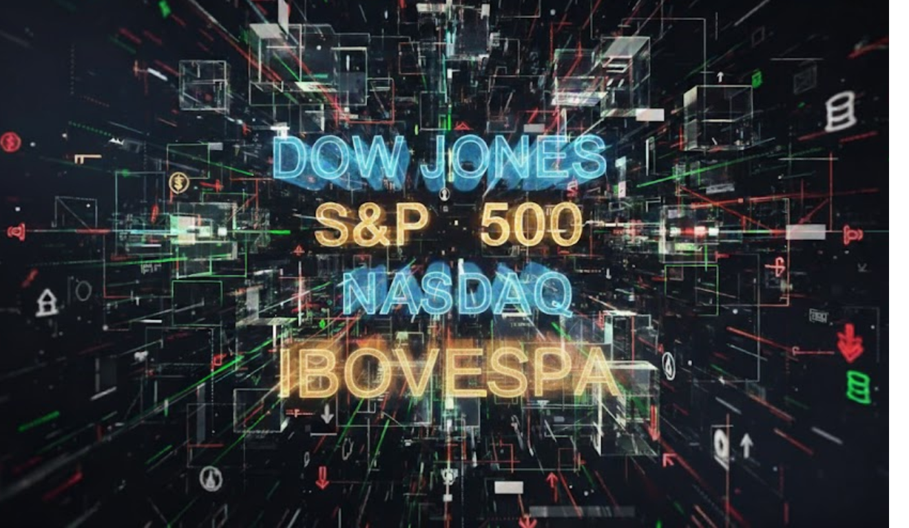 Painel digital com “Dow Jones, S&P 500, Nasdaq, Ibovespa” representando alta do mercado