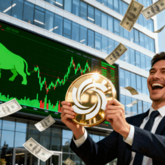 Homem de terno sorridente segura um token dourado da Ozak AI em frente a uma tela com gráfico em alta e símbolo de touro verde, representando sucesso e valorização no mercado cripto.