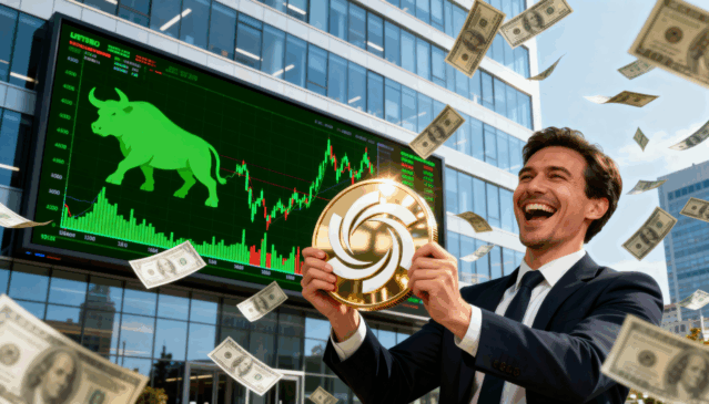 Homem de terno sorridente segura um token dourado da Ozak AI em frente a uma tela com gráfico em alta e símbolo de touro verde, representando sucesso e valorização no mercado cripto.