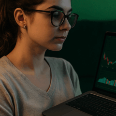 Jovem mulher observando gráficos financeiros em laptop e relatório impresso, simbolizando análise de ETFs e diversificação de investimentos.