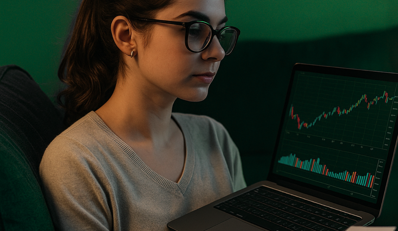 Jovem mulher observando gráficos financeiros em laptop e relatório impresso, simbolizando análise de ETFs e diversificação de investimentos.