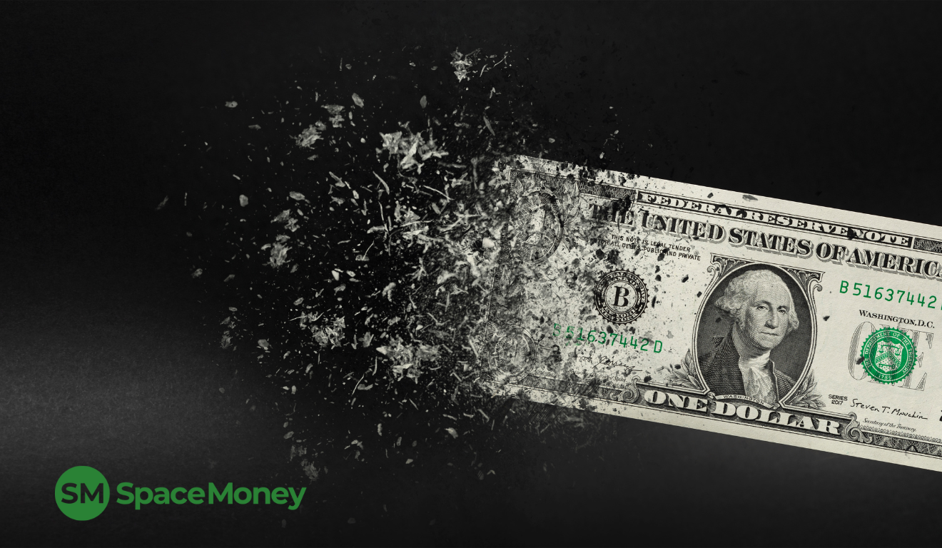 Nota de um dólar sendo deteriorada pela inflação.