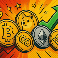 Criptomoedas em alta com Bitcoin, Ethereum, Dogecoin, Binance Coin e Polygon representadas em moedas douradas, com seta verde simbolizando valorização e rali do mercado cripto em 2025.