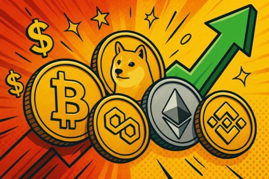 Criptomoedas em alta com Bitcoin, Ethereum, Dogecoin, Binance Coin e Polygon representadas em moedas douradas, com seta verde simbolizando valorização e rali do mercado cripto em 2025.