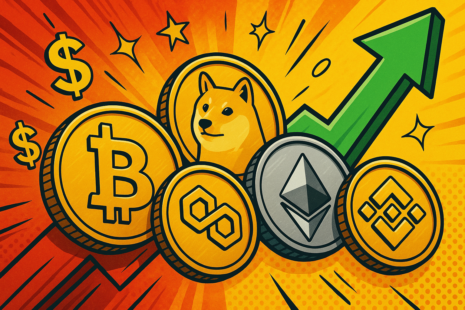 Criptomoedas em alta com Bitcoin, Ethereum, Dogecoin, Binance Coin e Polygon representadas em moedas douradas, com seta verde simbolizando valorização e rali do mercado cripto em 2025.
