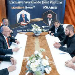 Naser Taher e Khabib Nurmagomedov em reunião para assinatura da joint venture MultiBank Khabib LLC.