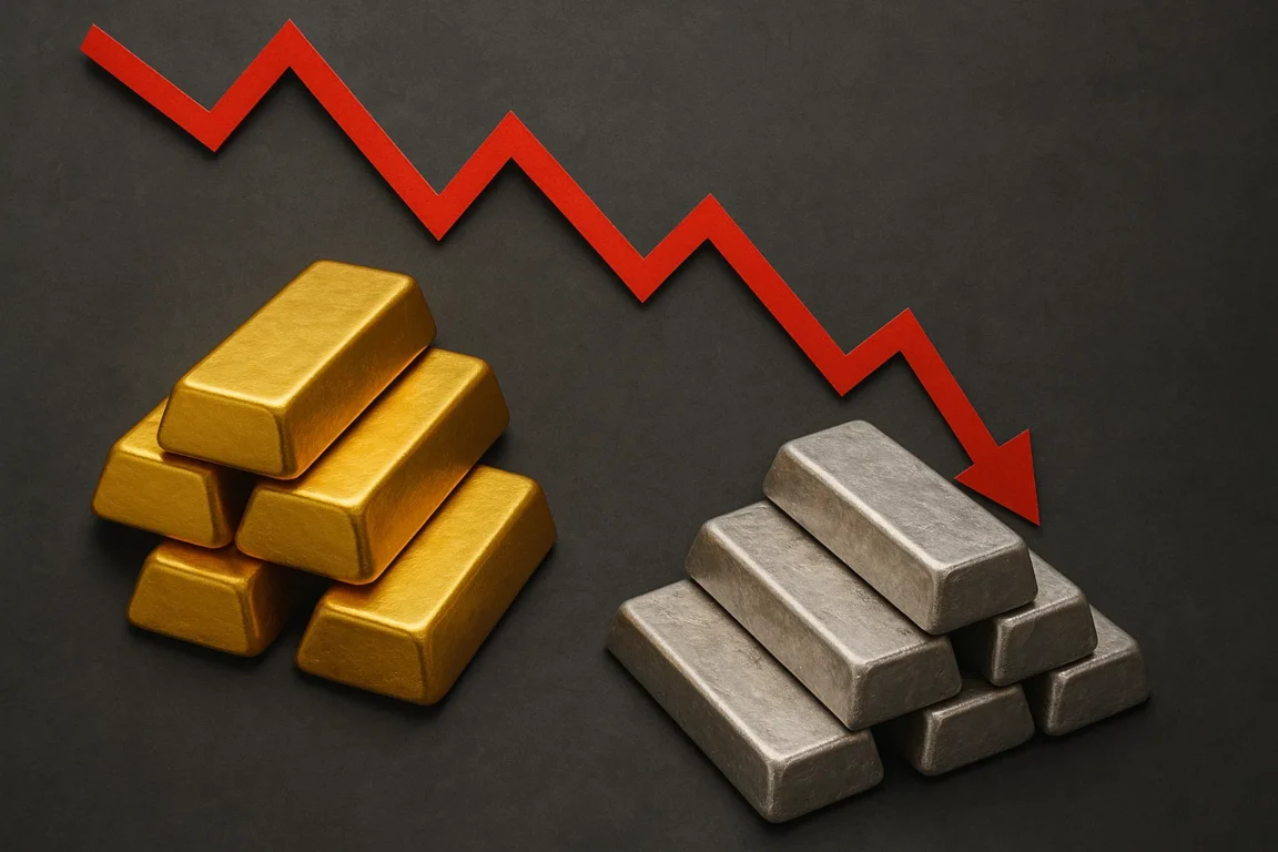 Barras de ouro simbolizando a queda do preço do ouro e o desempenho dos ETFs.