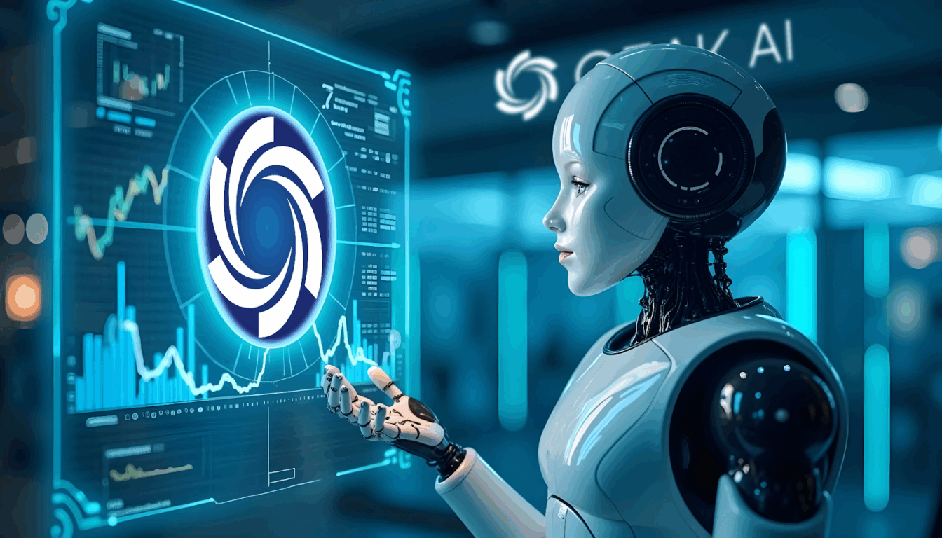 Robô futurista observando gráficos financeiros e o logotipo da Ozak AI em um painel digital, representando a integração da inteligência artificial com blockchain para previsões de mercado em 2025.