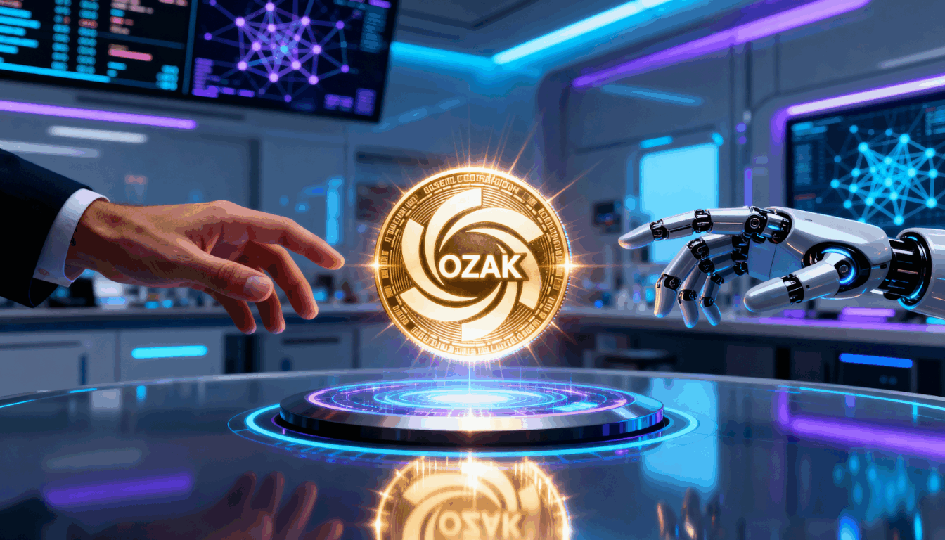 Moeda digital dourada da Ozak AI flutuando entre uma mão humana e uma robótica em ambiente futurista, representando a integração entre inteligência artificial e blockchain no mercado de criptomoedas.