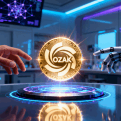 Moeda digital dourada da Ozak AI flutuando entre uma mão humana e uma robótica em ambiente futurista, representando a integração entre inteligência artificial e blockchain no mercado de criptomoedas.