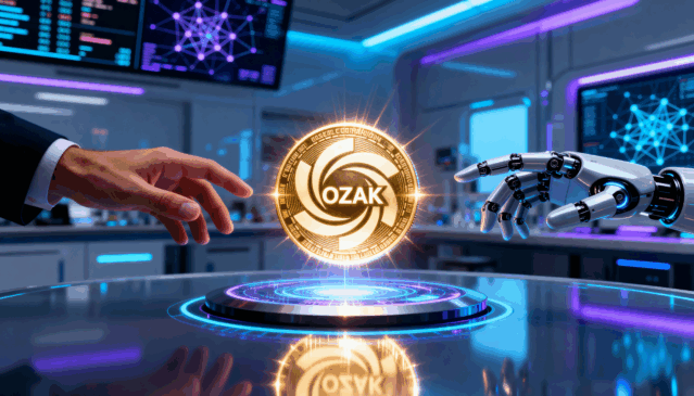 Moeda digital dourada da Ozak AI flutuando entre uma mão humana e uma robótica em ambiente futurista, representando a integração entre inteligência artificial e blockchain no mercado de criptomoedas.