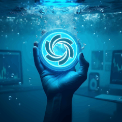 Símbolo luminoso da Ozak AI sendo erguido por uma mão em um ambiente subaquático com telas de negociação ao fundo, representando o crescimento da criptomoeda mesmo em meio à crise do mercado.