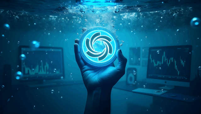 Símbolo luminoso da Ozak AI sendo erguido por uma mão em um ambiente subaquático com telas de negociação ao fundo, representando o crescimento da criptomoeda mesmo em meio à crise do mercado.