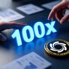 Moeda digital Ozak AI ($OZ) sobre uma mesa com o número 100x em destaque, simbolizando o alto potencial de lucro e crescimento projetado para o token de inteligência artificial.