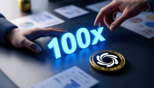 Moeda digital Ozak AI ($OZ) sobre uma mesa com o número 100x em destaque, simbolizando o alto potencial de lucro e crescimento projetado para o token de inteligência artificial.