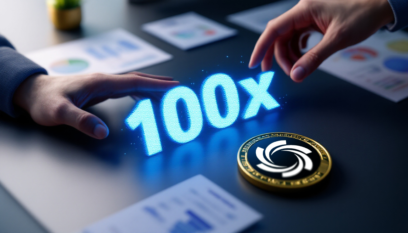 Moeda digital Ozak AI ($OZ) sobre uma mesa com o número 100x em destaque, simbolizando o alto potencial de lucro e crescimento projetado para o token de inteligência artificial.
