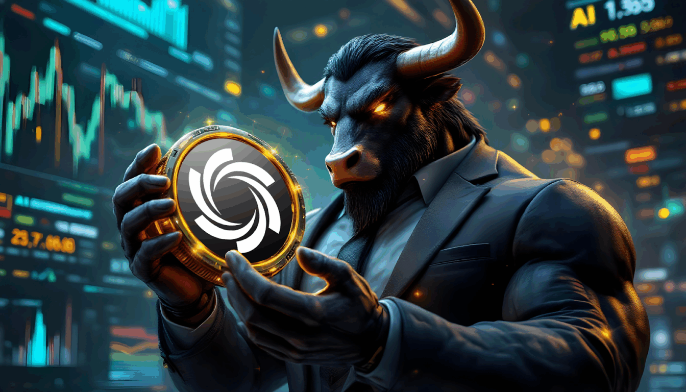 Ilustração de um touro em terno segurando uma moeda dourada com o logotipo da Ozak AI, representando o crescimento do mercado de criptomoedas impulsionado por inteligência artificial.