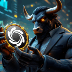 Ilustração de um touro em terno segurando uma moeda dourada com o logotipo da Ozak AI, representando o crescimento do mercado de criptomoedas impulsionado por inteligência artificial.