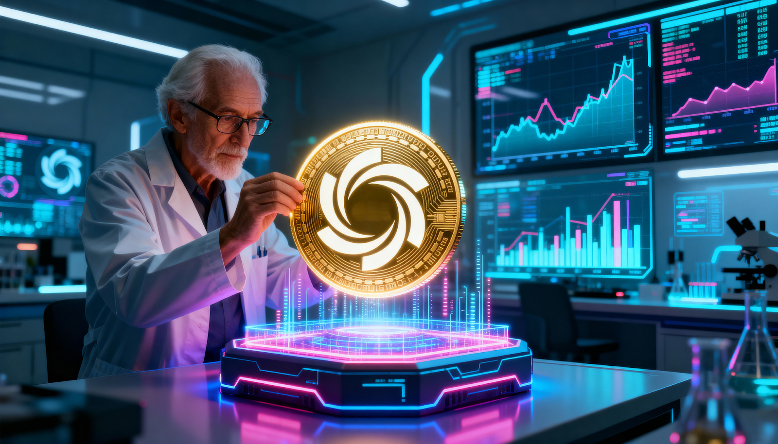 Cientista analisando um token digital da Ozak AI em laboratório tecnológico com gráficos de mercado ao fundo, representando tecnologia preditiva, inteligência artificial e crescimento no mercado de criptomoedas.