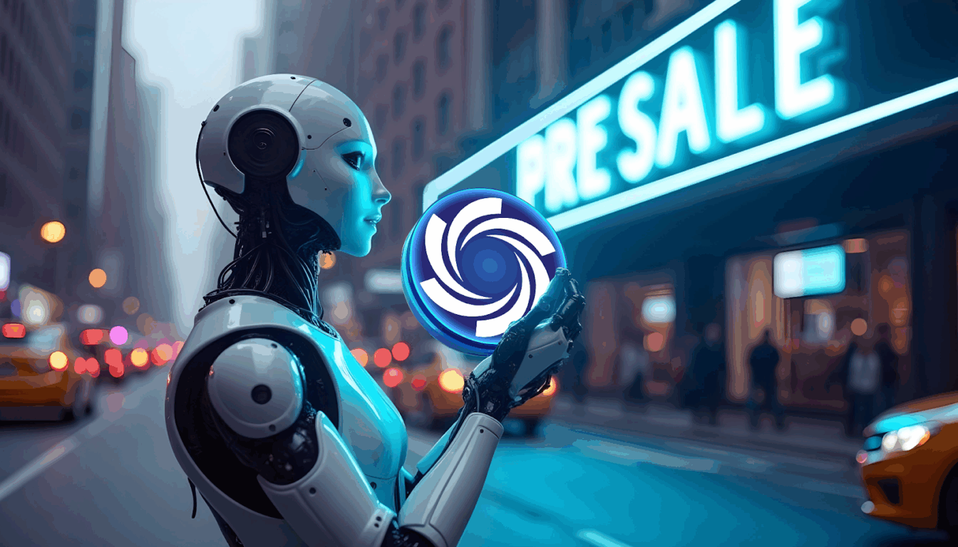 Androide segurando o token da Ozak AI, simbolizando o avanço da inteligência artificial no mercado de criptomoedas.