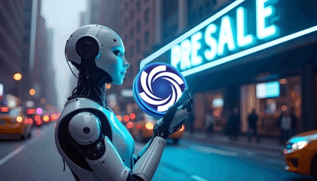 Androide segurando o token da Ozak AI, simbolizando o avanço da inteligência artificial no mercado de criptomoedas.