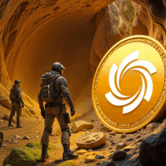 Exploradores diante de uma moeda dourada simbolizando o crescimento do token Ozak AI e seu potencial de mercado.