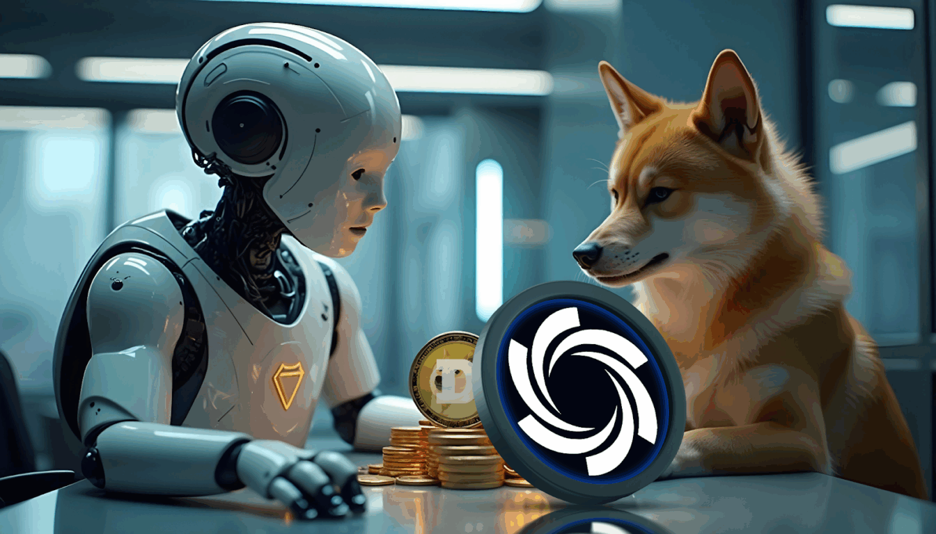 Robô e cachorro ao lado de moedas de criptomoedas simbolizando a integração entre IA e blockchain no ecossistema da Ozak AI.
