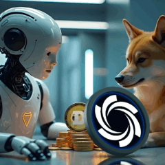 Robô e cachorro ao lado de moedas de criptomoedas simbolizando a integração entre IA e blockchain no ecossistema da Ozak AI.