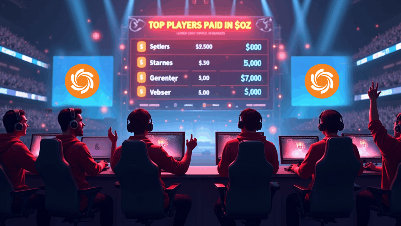 Equipe de jogadores em arena recebendo pagamentos em tokens $OZ da Ozak AI