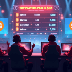 Equipe de jogadores em arena recebendo pagamentos em tokens $OZ da Ozak AI