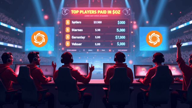 Equipe de jogadores em arena recebendo pagamentos em tokens $OZ da Ozak AI