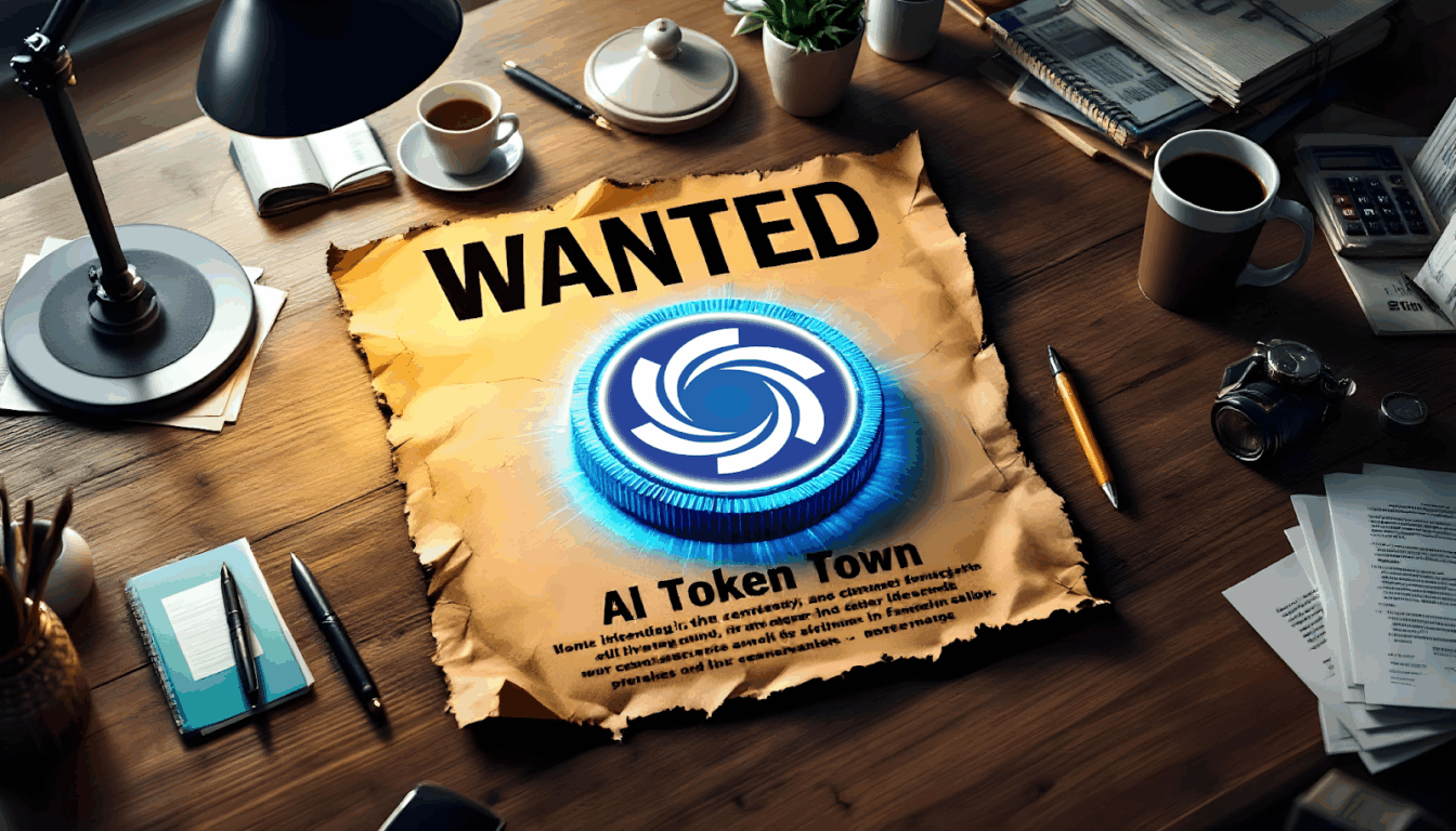 Pôster de procurado com logotipo de token azul representando a Ozak AI sobre mesa de trabalho, simbolizando a ascensão das criptomoedas de inteligência artificial em 2025.