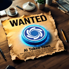 Pôster de procurado com logotipo de token azul representando a Ozak AI sobre mesa de trabalho, simbolizando a ascensão das criptomoedas de inteligência artificial em 2025.