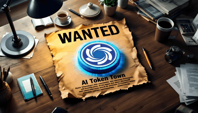 Pôster de procurado com logotipo de token azul representando a Ozak AI sobre mesa de trabalho, simbolizando a ascensão das criptomoedas de inteligência artificial em 2025.