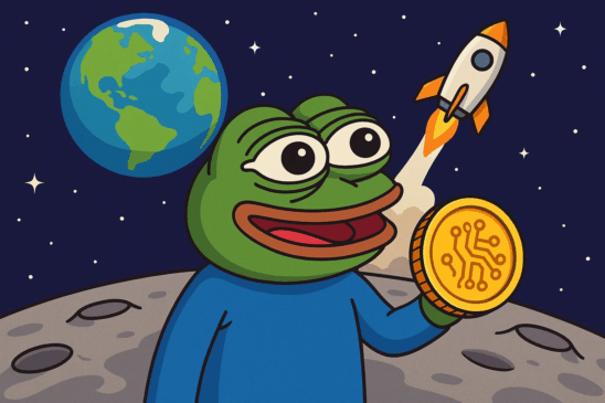 Ilustração do personagem Pepe segurando uma moeda digital dourada enquanto um foguete decola rumo ao espaço, simbolizando a valorização da criptomoeda PepeNode (PEPENODE) durante o Moonvember e o sucesso da fase final da pré-venda mine-to-earn no universo GameFi.