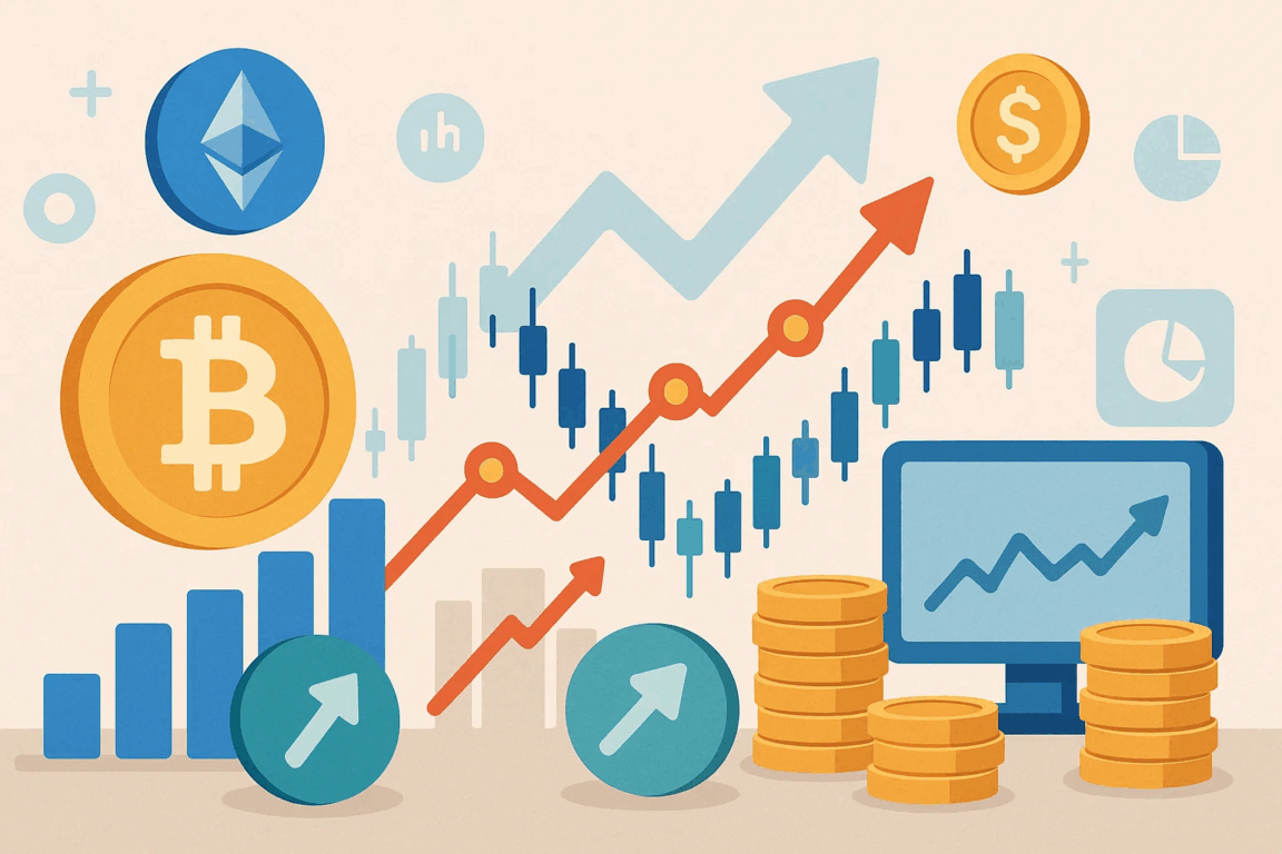 Ilustração mostra alta do Bitcoin e Ethereum com gráficos e moedas digitais, representando o otimismo e o crescimento do mercado cripto em 2025.