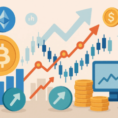 Ilustração mostra alta do Bitcoin e Ethereum com gráficos e moedas digitais, representando o otimismo e o crescimento do mercado cripto em 2025.