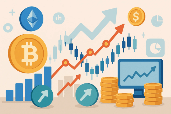 Ilustração mostra alta do Bitcoin e Ethereum com gráficos e moedas digitais, representando o otimismo e o crescimento do mercado cripto em 2025.