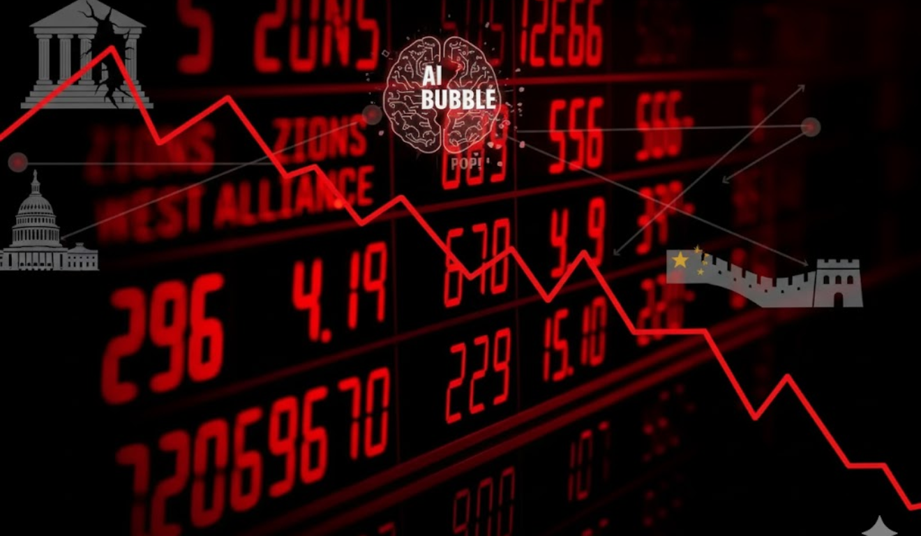 gráfico de queda em painel de ações simbolizando crise nos mercados e temor de bolha de IA.