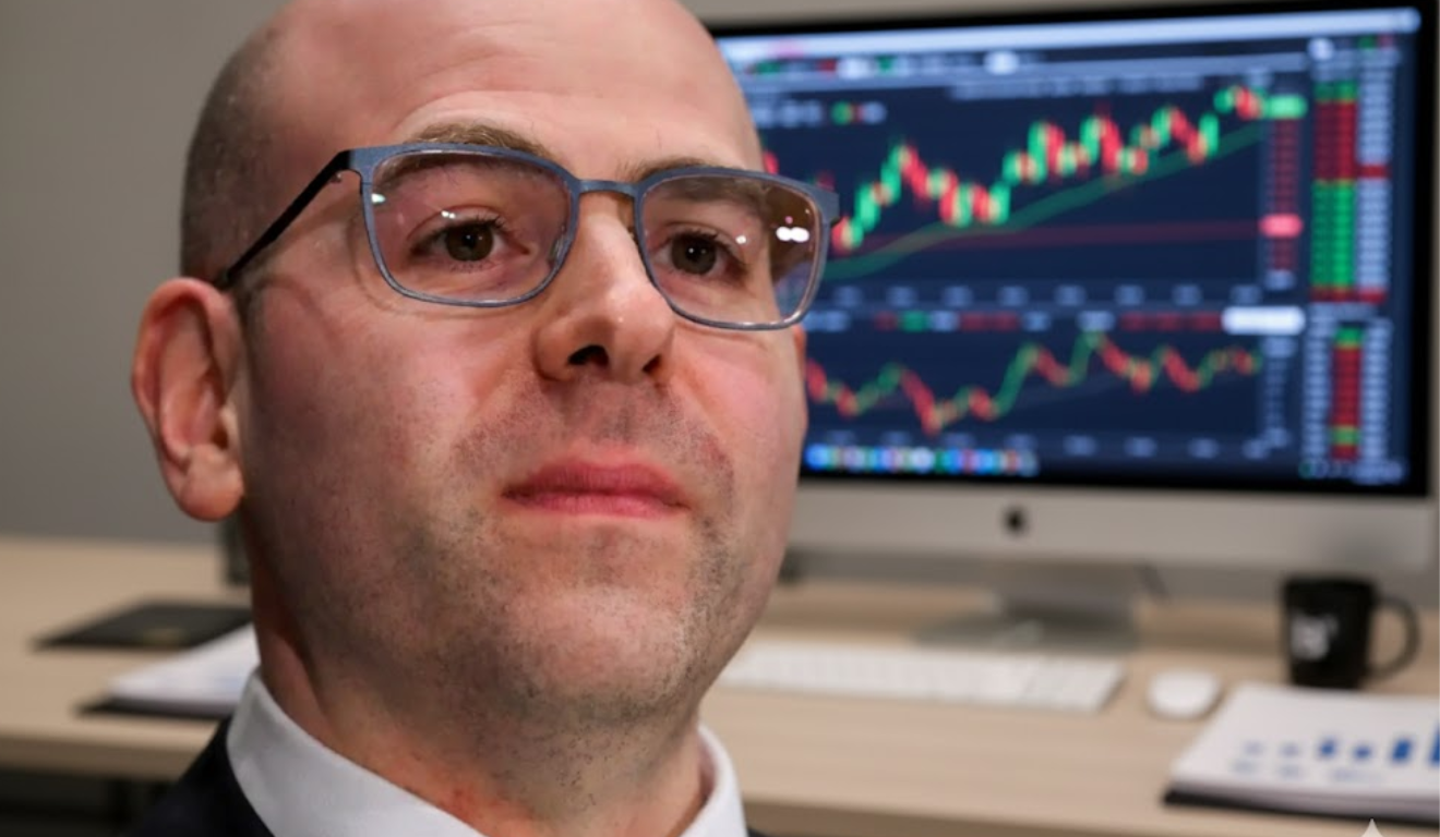 Stephen Miran, diretor do Federal Reserve, com gráficos de mercado ao fundo, discutindo política de juros.