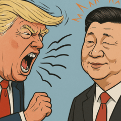 Ilustração em estilo cartoon de Donald Trump gritando para Xi Jinping, que permanece sereno, representando o conflito comercial entre Estados Unidos e China.