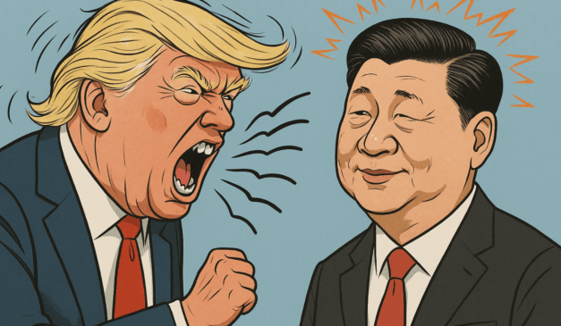 Ilustração em estilo cartoon de Donald Trump gritando para Xi Jinping, que permanece sereno, representando o conflito comercial entre Estados Unidos e China.