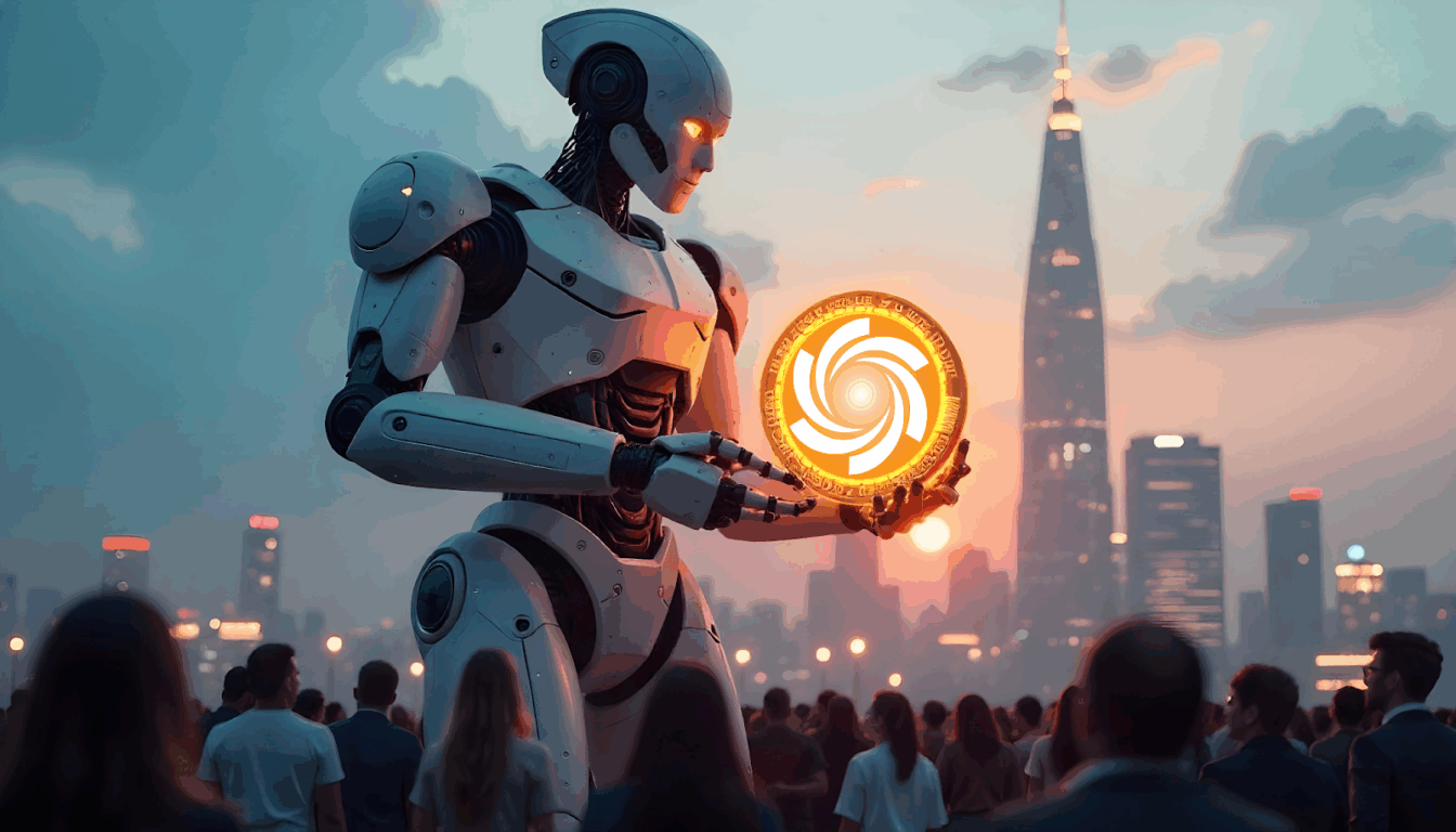 Robô segurando um token digital brilhante da Ozak AI diante de uma cidade ao pôr do sol, simbolizando inovação e liberdade financeira.