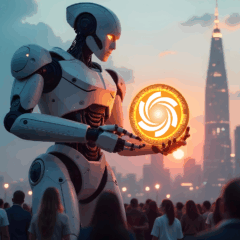Robô segurando um token digital brilhante da Ozak AI diante de uma cidade ao pôr do sol, simbolizando inovação e liberdade financeira.