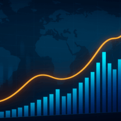 Ilustração de barras e linha de crescimento sobre mapa-múndi desfocado, representando a tendência do Ibovespa e do mercado financeiro.