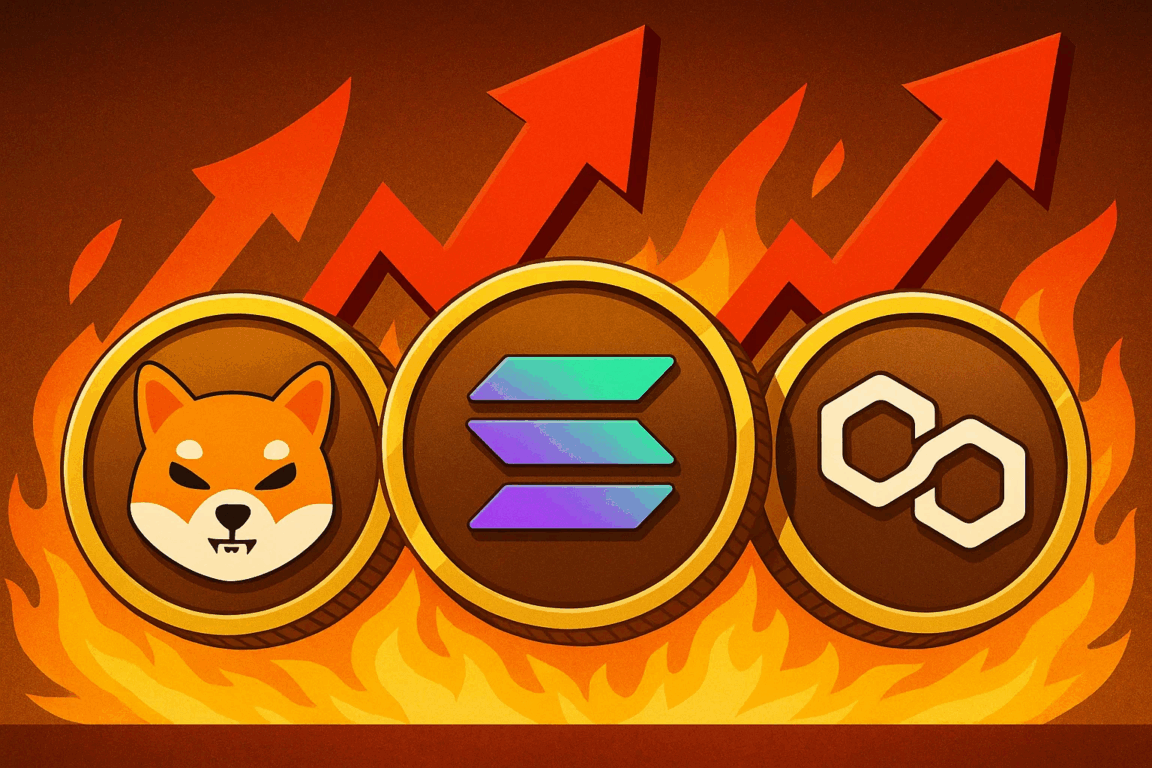 Moedas Shiba Inu, Solana e Polygon em chamas simbolizando alta das altcoins em novembro. Moedas Shiba Inu, Solana e Polygon em chamas simbolizando alta das altcoins em novembro.