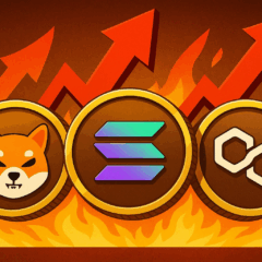 Moedas Shiba Inu, Solana e Polygon em chamas simbolizando alta das altcoins em novembro.