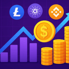 Gráfico de valorização de altcoins com logotipos de criptomoedas como Litecoin, Cardano e Binance Coin representando crescimento no mercado cripto.